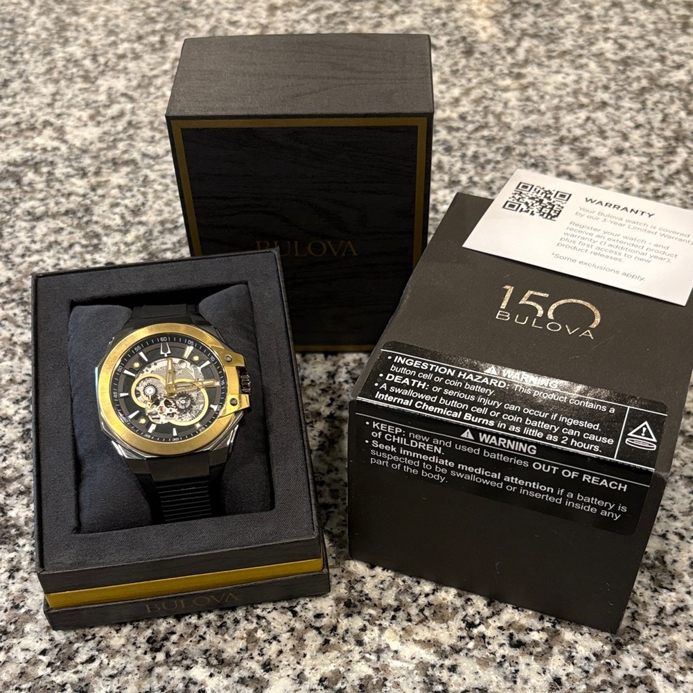 Bulova Black and Gold Skeleton Watch